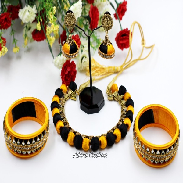 Silk thread dual colour necklace set with matching bangles