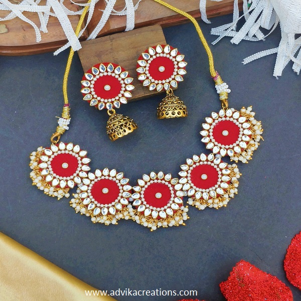Radiant Red Fabric Jewelry Set with Kundan Work