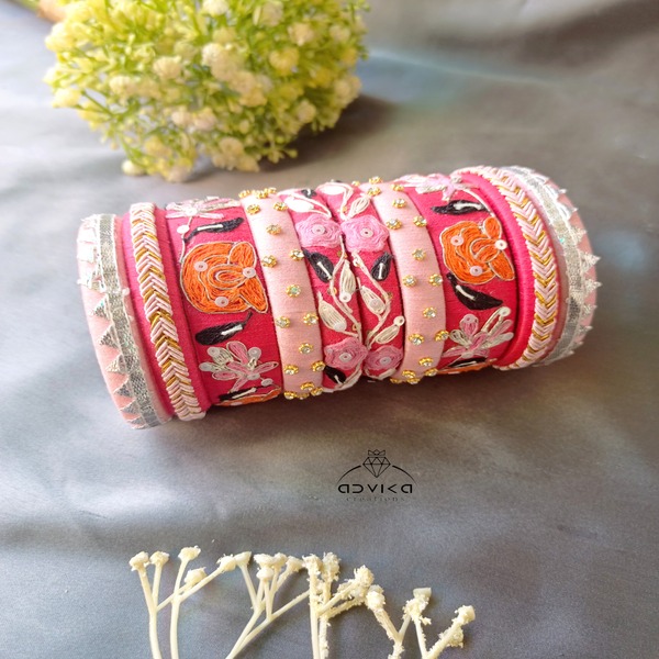 Pink Cotton Thread Bangles with Embellishments 