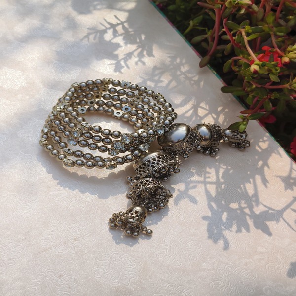 Silver Beads crystal stones long Jhumki Adjustable Ring Bracelet 