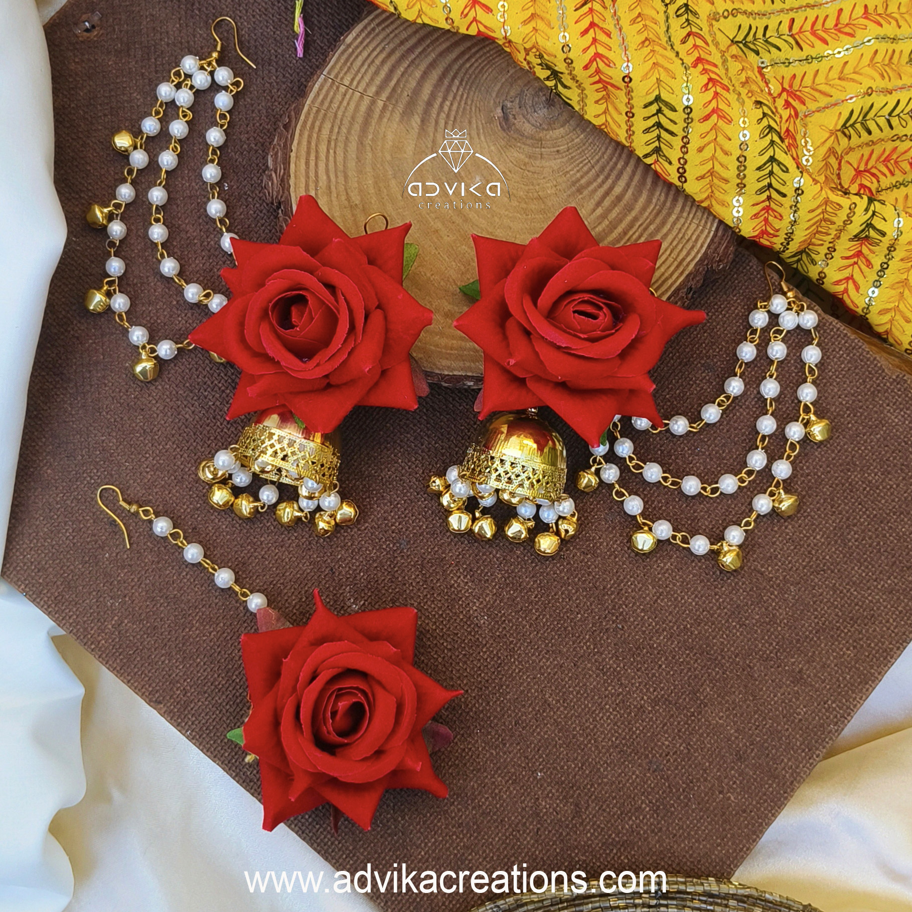 Rose Jhumka Earrings with Maangtika