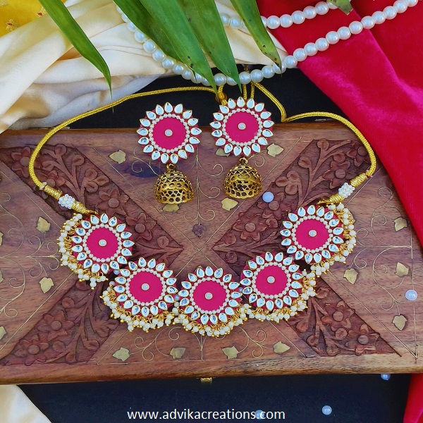 Radiant Pink Fabric Jewelry Set with Kundan Work 