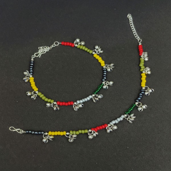 Customizable Handmade Oxidized Ghoongroo & Multicolour Pearl Anklets for Navratri
