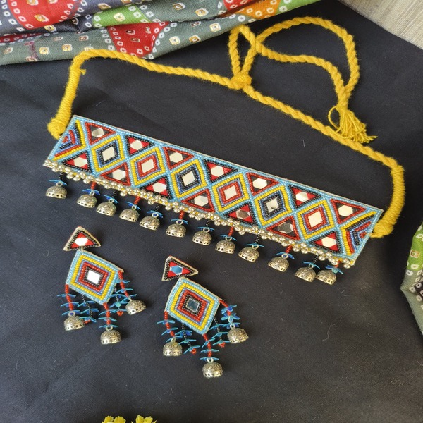 multi-color beaded jewelry set with mirror work jewelers set for women and girls