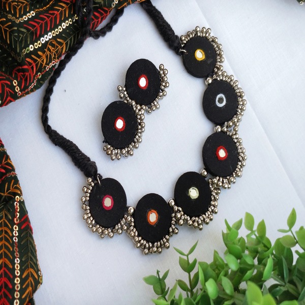 Black statement Fabric multi color mirror necklace and earring
