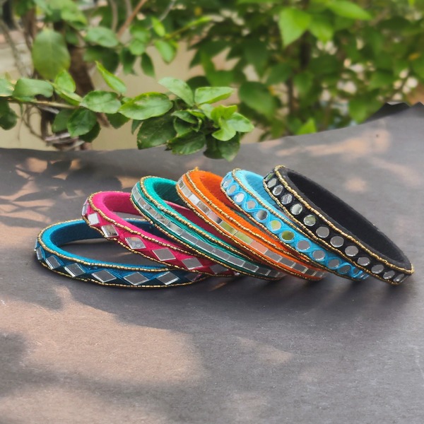 Multicolour Cotton Thread Bangle Set with Mirror 