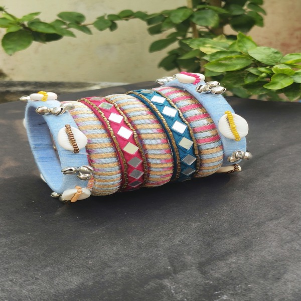 Cotton Bangles with Cowrie, Ghoongroo, Beads & Mirror Embroidery