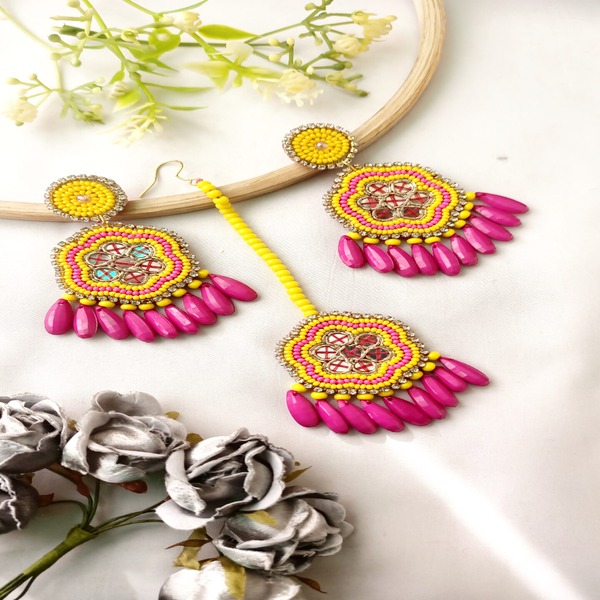 Pink & yellow Beaded Earrings with maangtika
