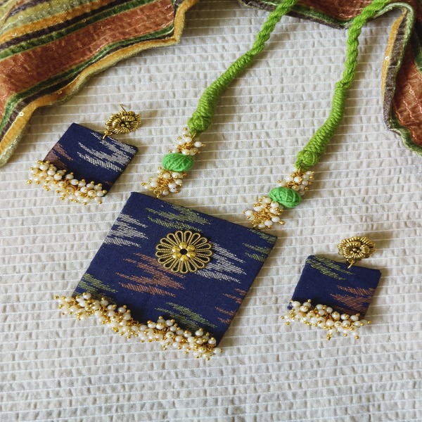 Blue printed Regal golden charms & Pearl Fabric Jewelry Set