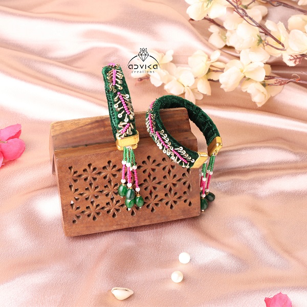 Green Velvet Embroidered Bangles openable