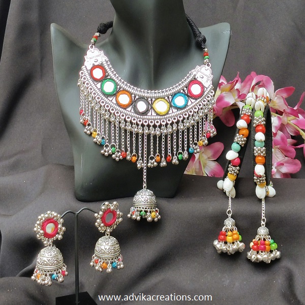 Multicolor Oxidised Hasuli Necklace with Matching Cotton Thread Bangle Set
