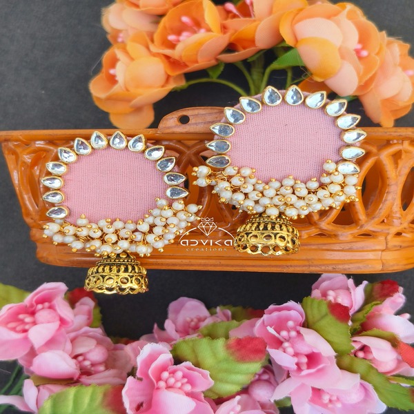  Baby Pink Fabric Earrings with Kundan, Jhumki & Loreals 