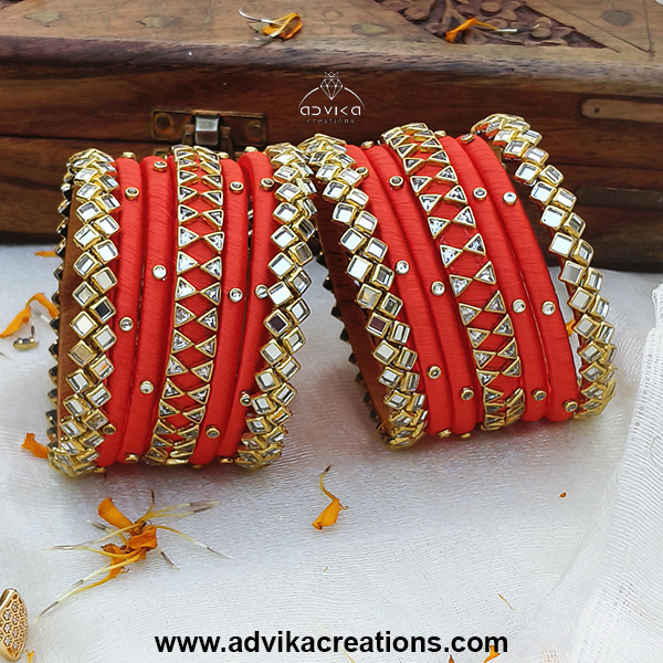 Royal Red Silk Bangles with Kundan Embellishments