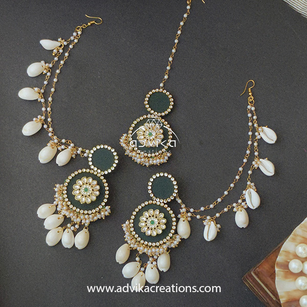 Dark Green Fabric Earrings and Maangtika