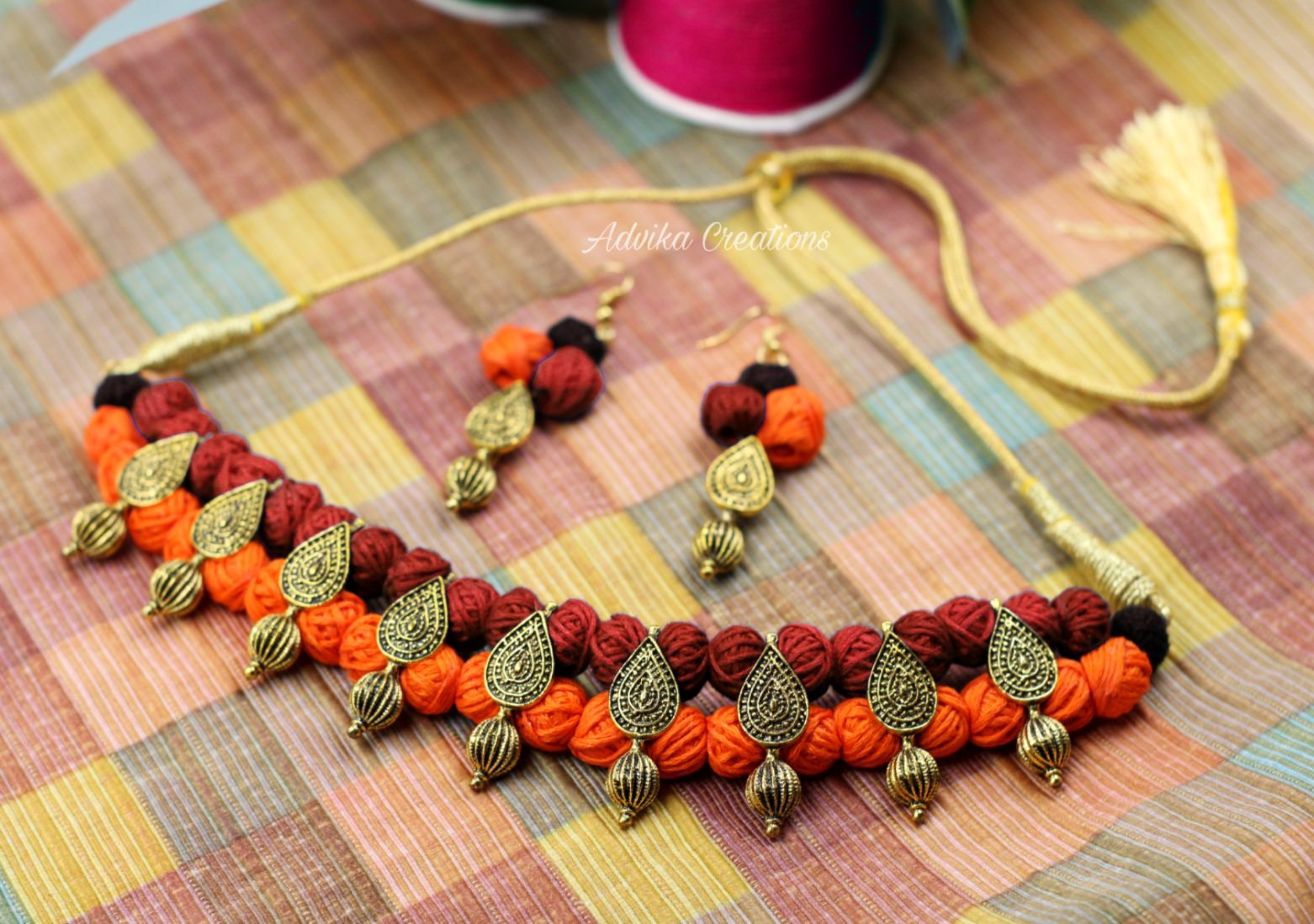 Thread beads necklace set with matching earring