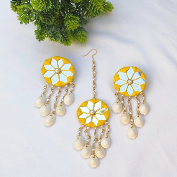 Yellow Earring with matching mangtika for women and girls 