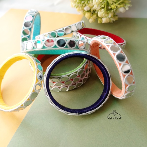 Multi-Color Cotton Thread Kada Bangle Set with Mirror Work (10 Pieces)