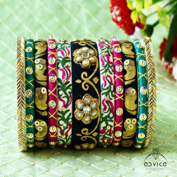 Hand painted black and Golden cotton thread Navratri and festive bangles set  