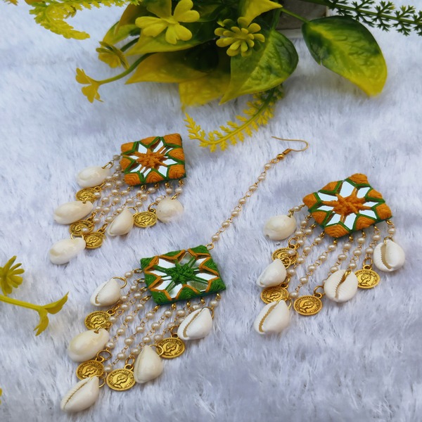 Yellow and Green beautiful hanging Earring and mangtika for women and Girls