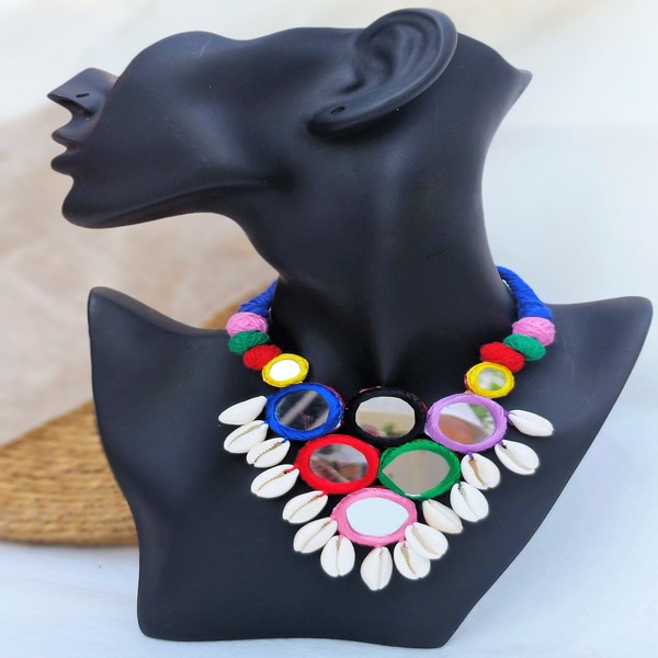 Multi color Festive Designer Mirror cowrie hanging necklace