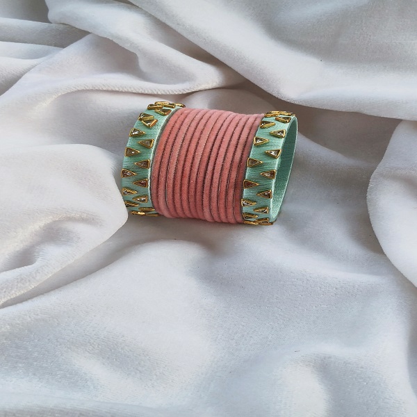 Turquoise Velvet Bangle Set With silk Thread Kada
