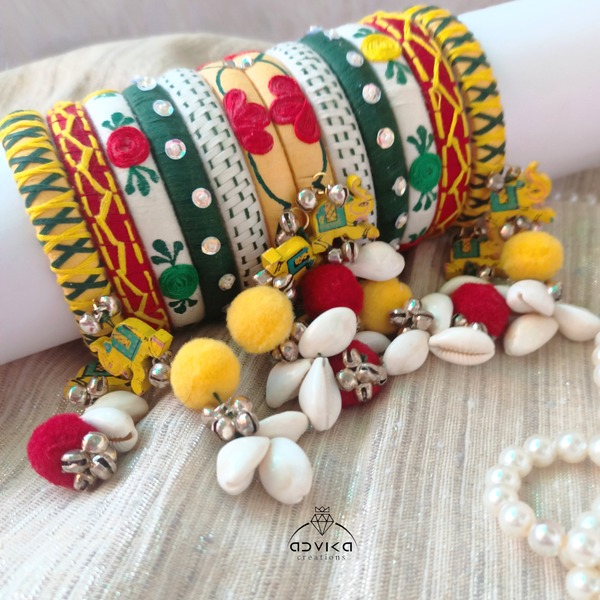 colourful hand embroidered mirror work Navratri bangles set