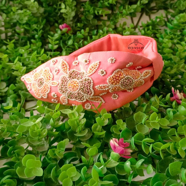 Floral Embroidered Beads Beaded Hairband pink color
