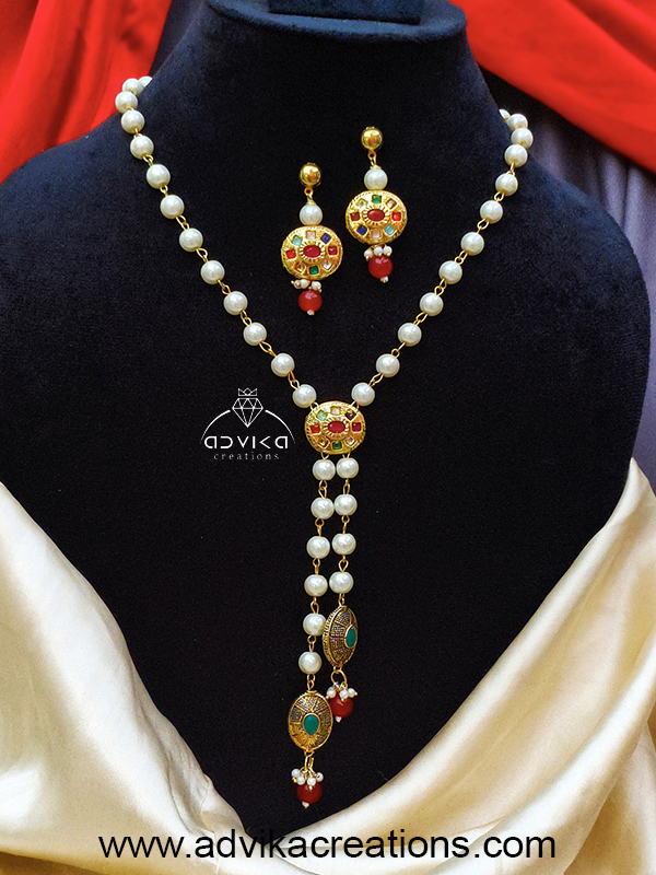 Navratan Pearl Long Necklace Set