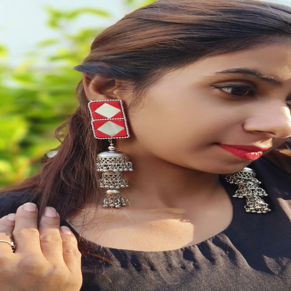 Classic Square shape red color with silver jhumki for women and girls 