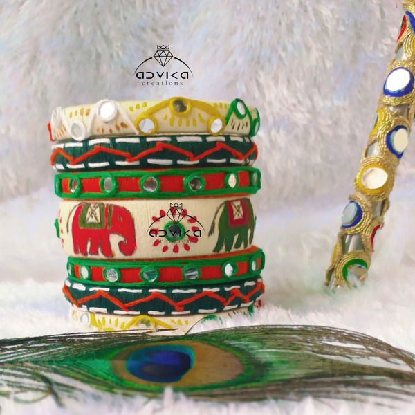 "Hand-Painted Elephant Motif Cotton Thread Bangle Set 