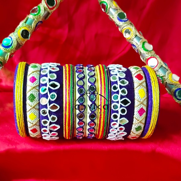 "Hand-Painted Cotton Thread Bangle Set with embroidered mirror in blue