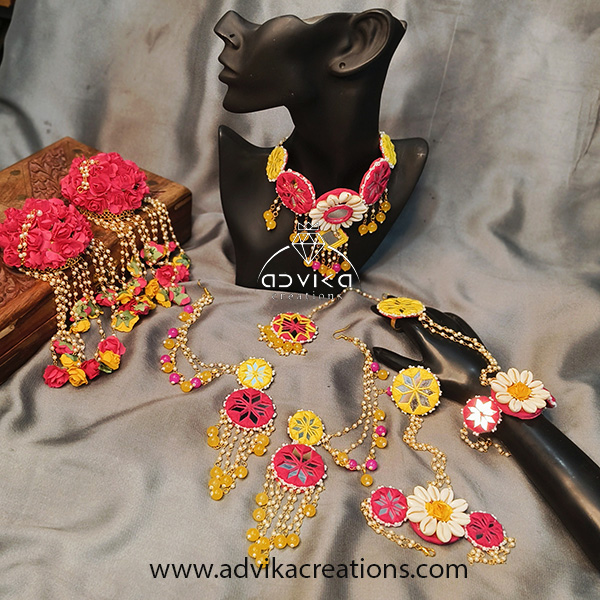 Vibrant Yellow & Pink Mirror and Cowrie Shell Jewelry Set