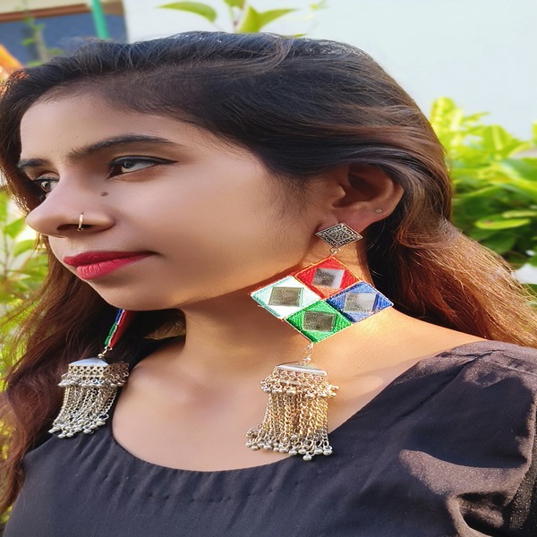 Multi Color Mirror Earring with Jhumka Hanging for women and Girls