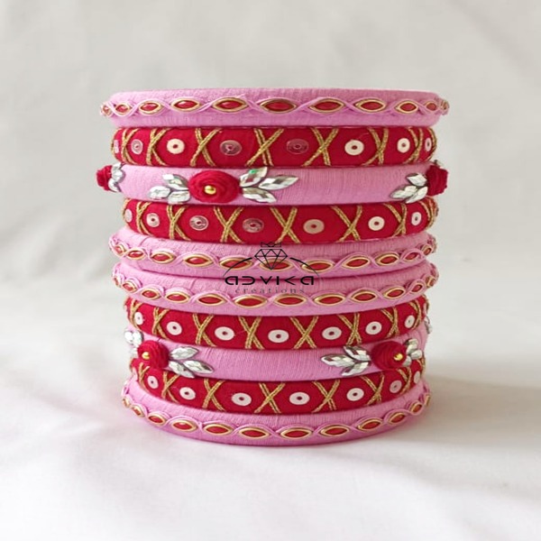 Red rose cotton thread embroidered bangle set