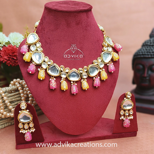 Exquisite Pink & Yellow Kundan Necklace
