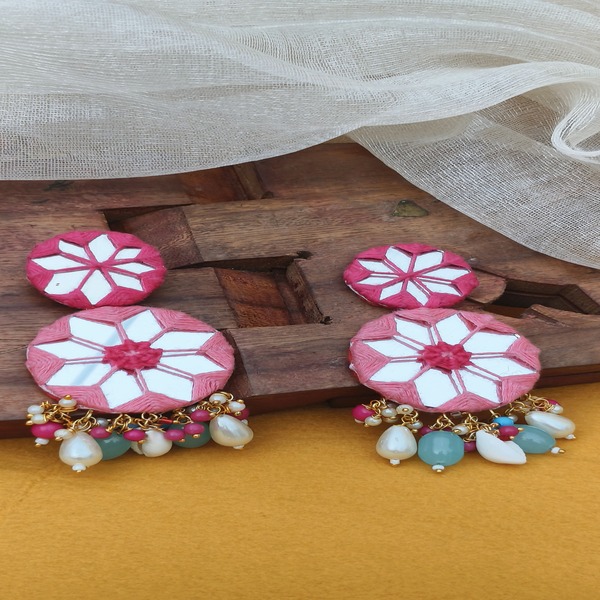 Pink color mirror work with multi beads hanging earring for women and girls