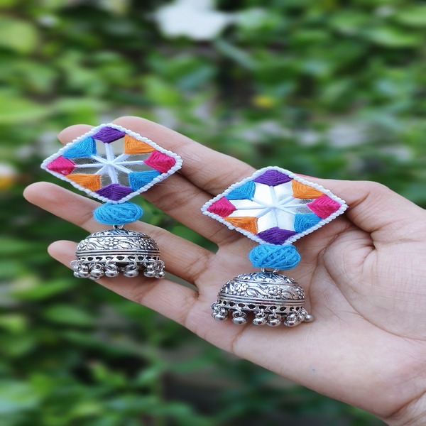 Hot Multi color beaded mirror with antique silver jhumki Earring for women and Girls