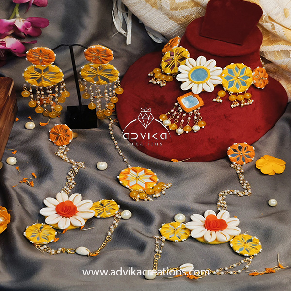 Vibrant Orange & Yellow Mirror and Cowrie Shell Jewelry Set