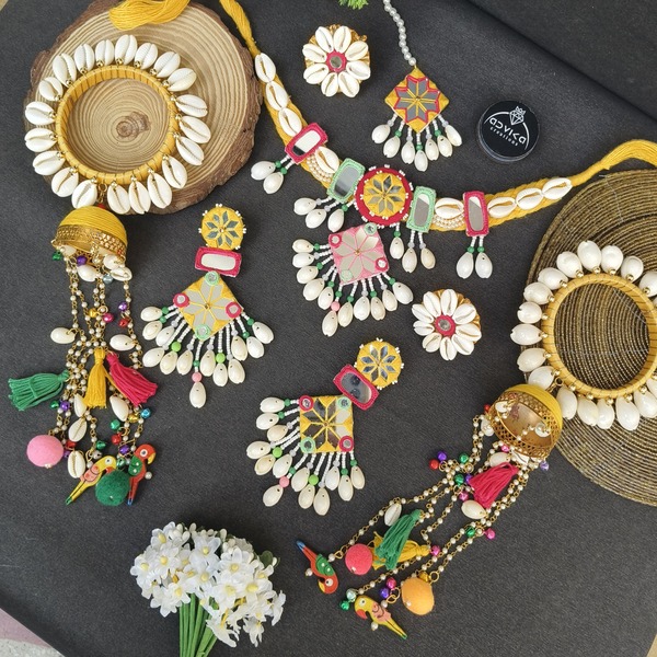 Satrangi Mirror cowri Jewellery set for Haldi Mehndi