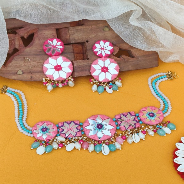 Pink Mirror jewellery for bridal and haldi mehndi 