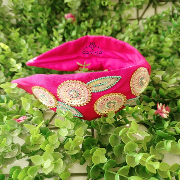 Rani Pink Beaded Hand Made Embroidery Hair Bands 