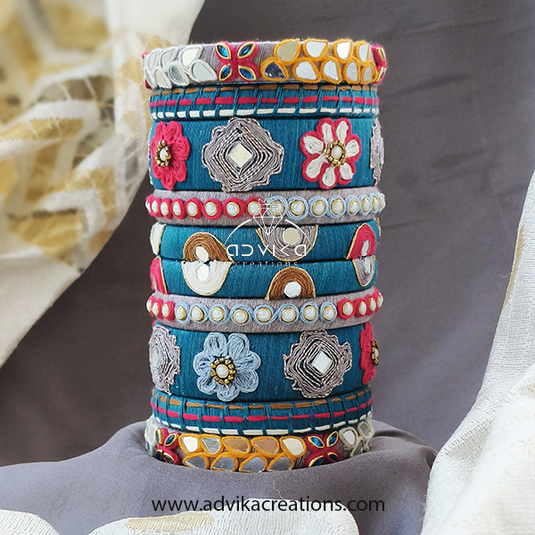 Handmade Cotton Thread Bangles with Glass, Kundan & Colorful Threads