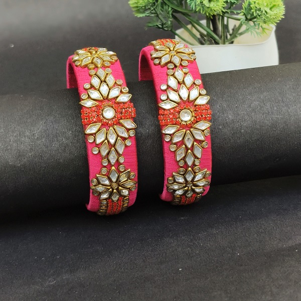 Rani Pink Silk Thread Kada Bangle in Kundan design 