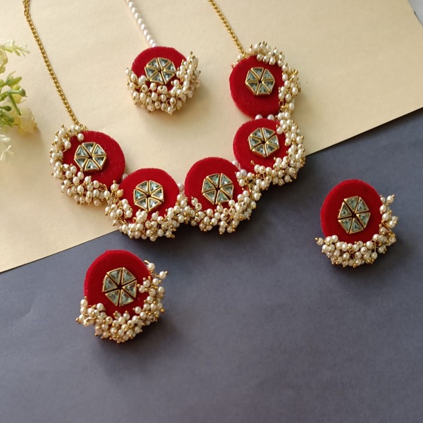 Red velvet Fabric jewellery with kundan work set