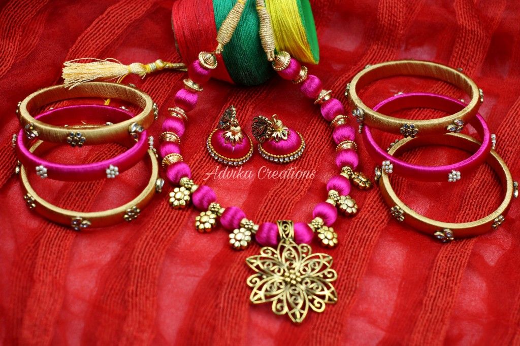 pink Silk thread necklace set with matching bangles