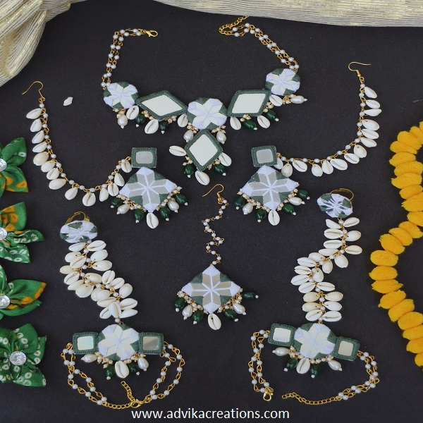 Elegant white & Green Mirror and Cowrie Shell Jewelry Set