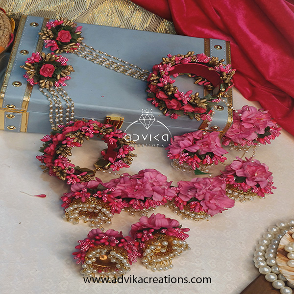 Elegant Pink Flower Kaleera with White Pearl Beads