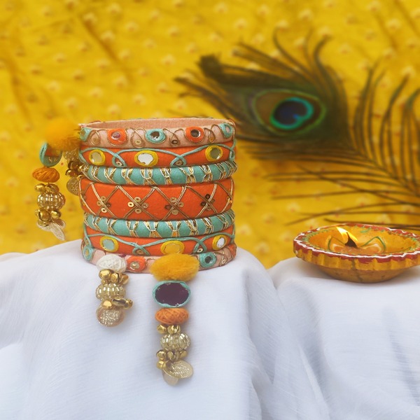 Orange Cotton Thread Bangle with Beautiful Latkan