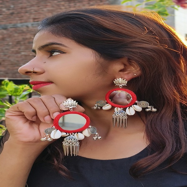 Lotus Festive Red color Round mirror with hanging Earring for women and Girls