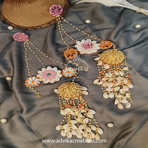 Orange & Pink Mirror Kaleera with Cowrie Shells